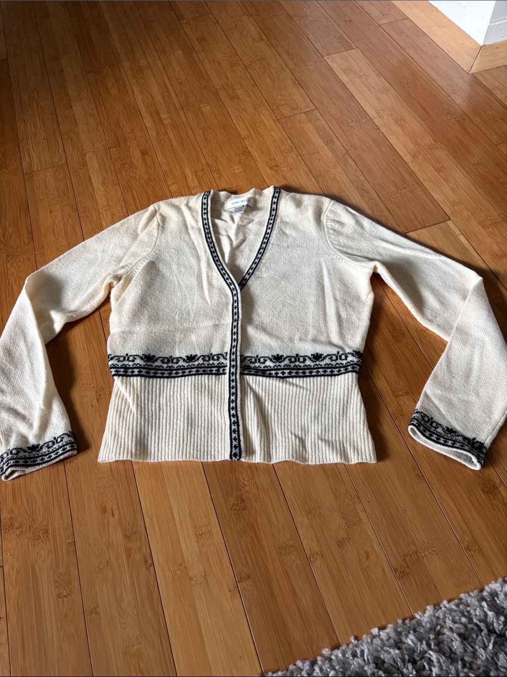 Vintage Nine West Cream Merino Wool Knit Sweater with Black Trim,  Snap Closure
